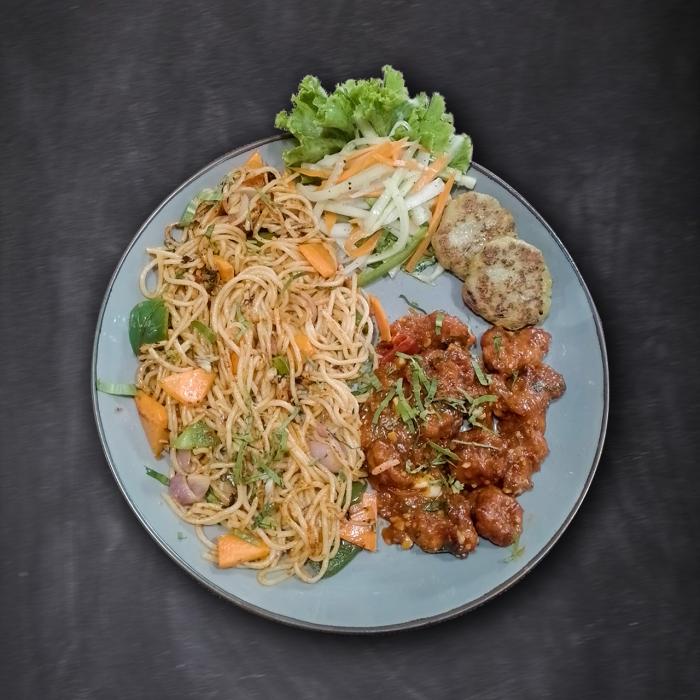 Noodles, Chicken Manchurian, Fish Cake, Salad